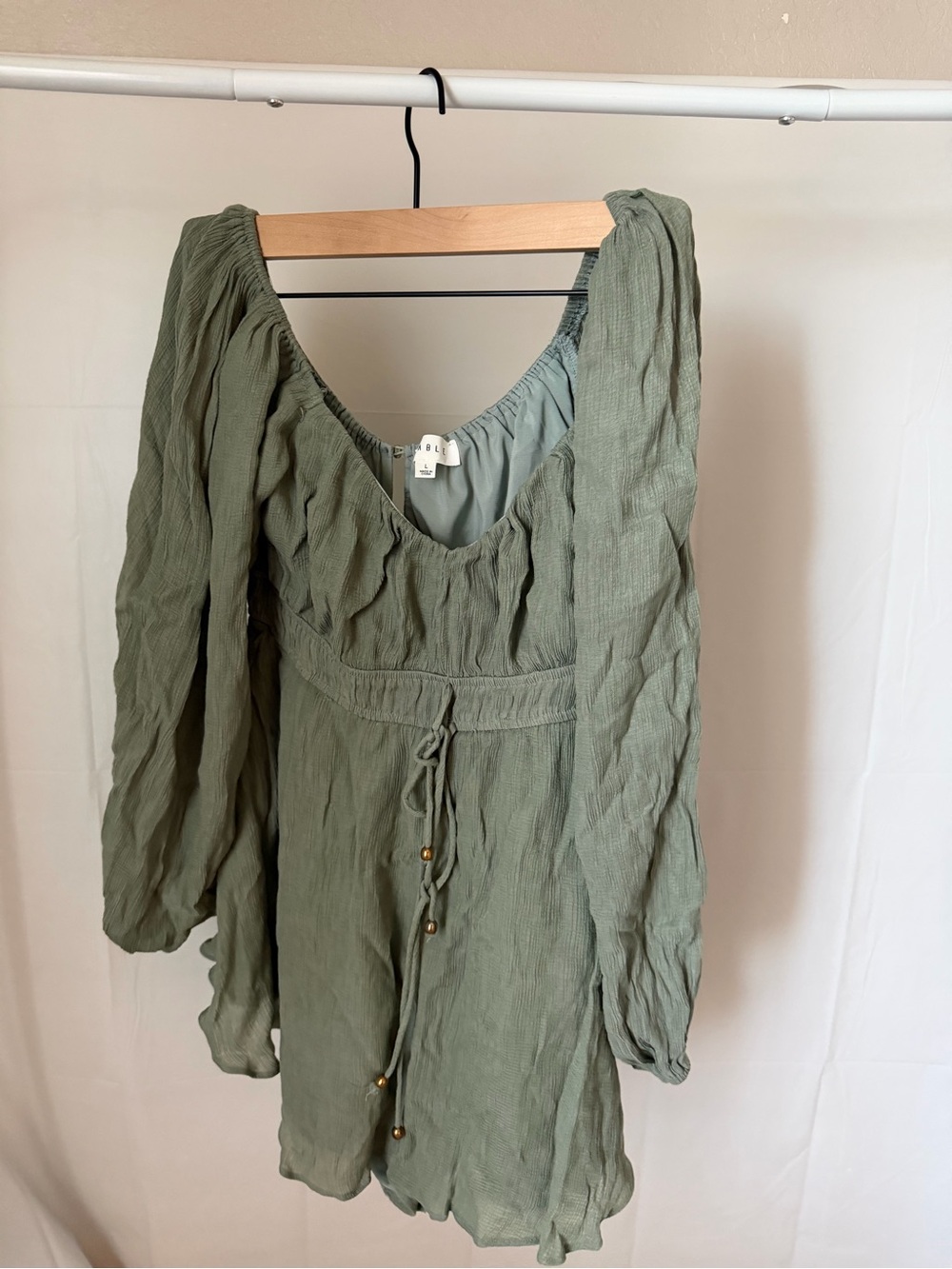 Light Sage Green Long-Sleeve Romper with Waist Tie